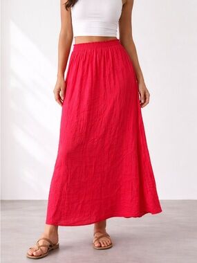 Women's Red Maxi Skirt with Elastic Waist
